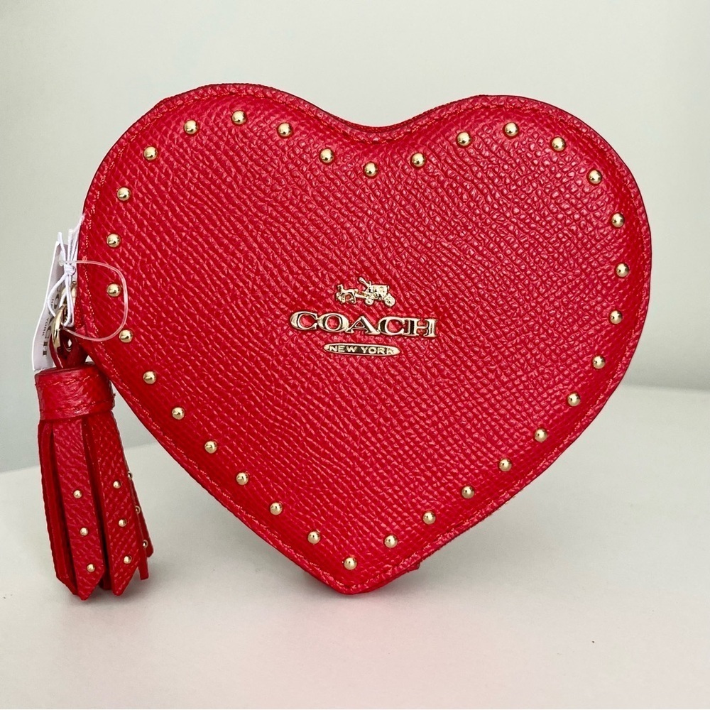 Coach Red Heart Studded Cardholder Coin Purse NWT
